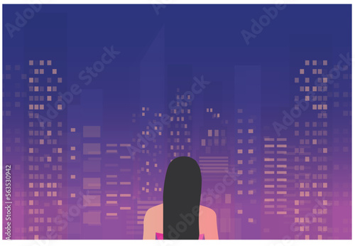 woman standing with her back looking at night city building vector illustration