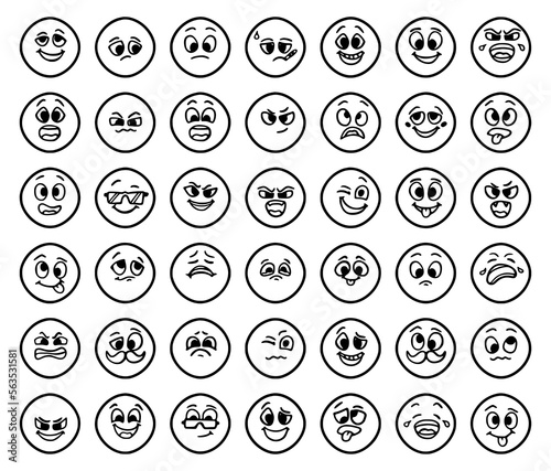 Set of emoticons showing different emotions in doodle style isolated on white background. Funny faces hand drawn clip art.