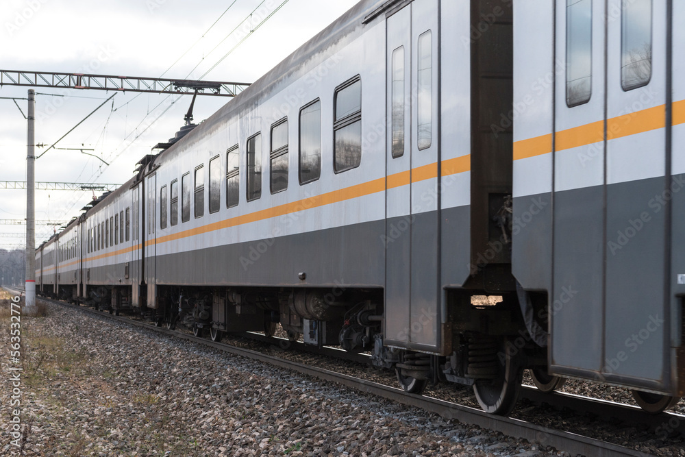 the train arrives at the platform. passenger train.