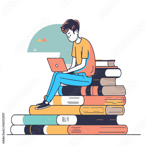 Student writing on laptop, sitting on books. Conceptual student on macbook vector graphic illustration with transparent background