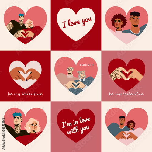 valentine's day greeting card set, collection of illustrations on the theme of love for valentine's day, modern design of people in love, couples, spouses