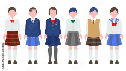 色々な制服（スカート）の男子中学生や男子高校生。フラットなベクターイラストセット。	