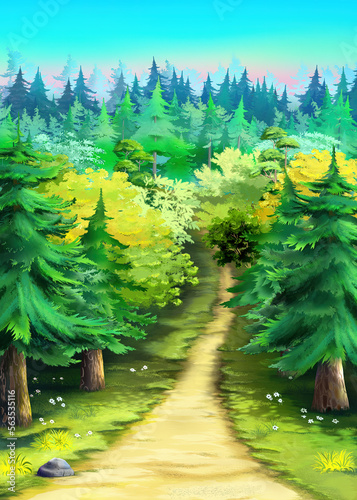 Forest path on a summer day illustration