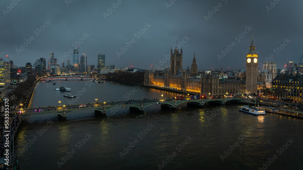 Skyline of London at night from the London eye In London, UK on January 2023