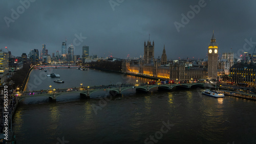 Skyline of London at night from the London eye In London, UK on January 2023