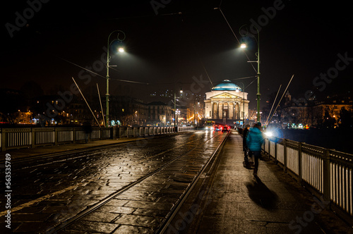 Turin by night, Vittorio Emanuele I bridge on Po river in front Gran Madre di Dio's Church © BMR
