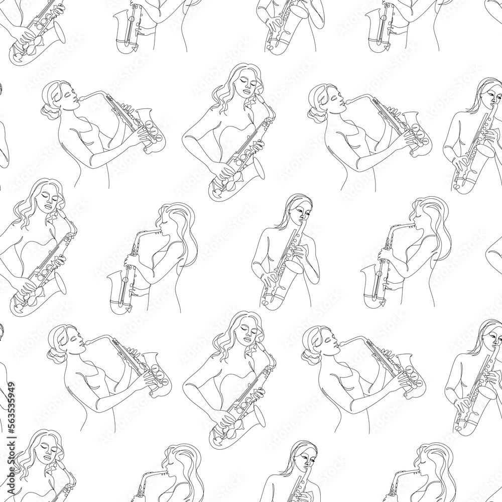Silhouette of a beautiful woman playing the saxophone in a continuous modern one line style. Saxophonist girl, Decor sketches, posters, stickers, logo. set of vector illustrations, seamless pattern.