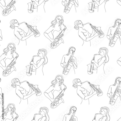 Silhouette of a beautiful woman playing the saxophone in a continuous modern one line style. Saxophonist girl, Decor sketches, posters, stickers, logo. set of vector illustrations, seamless pattern.