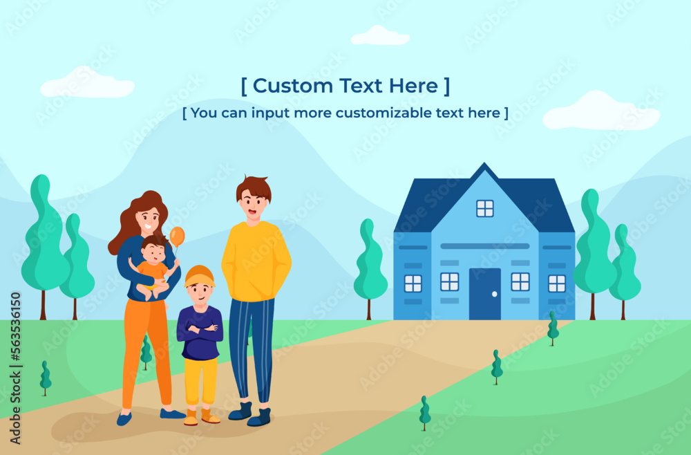 Father,Mother and children standing in front of their home,plenty of green grass and trees, Father,Mother and children standing in front of their home,plenty of green grass and trees,