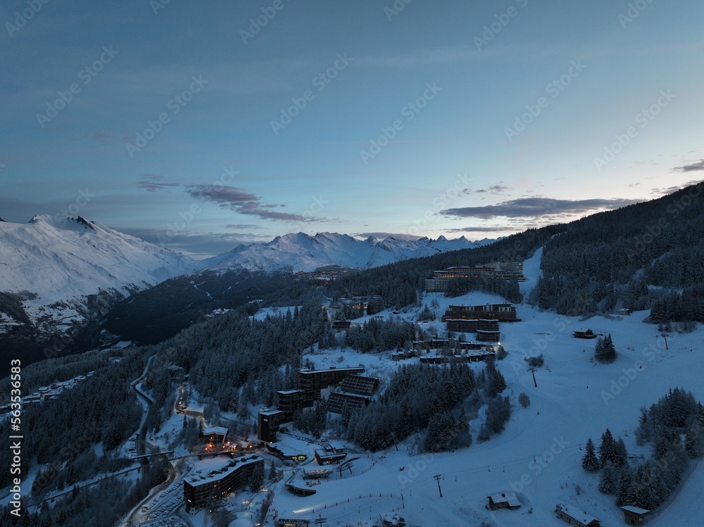 Alps Cold Mountain Snow Tourism Sport Eco Travel Mountains Landscape Drone Aerial Flight Over French Alps Mountain Range Early Morning Inspiring Nature 4k hyper lapse. 