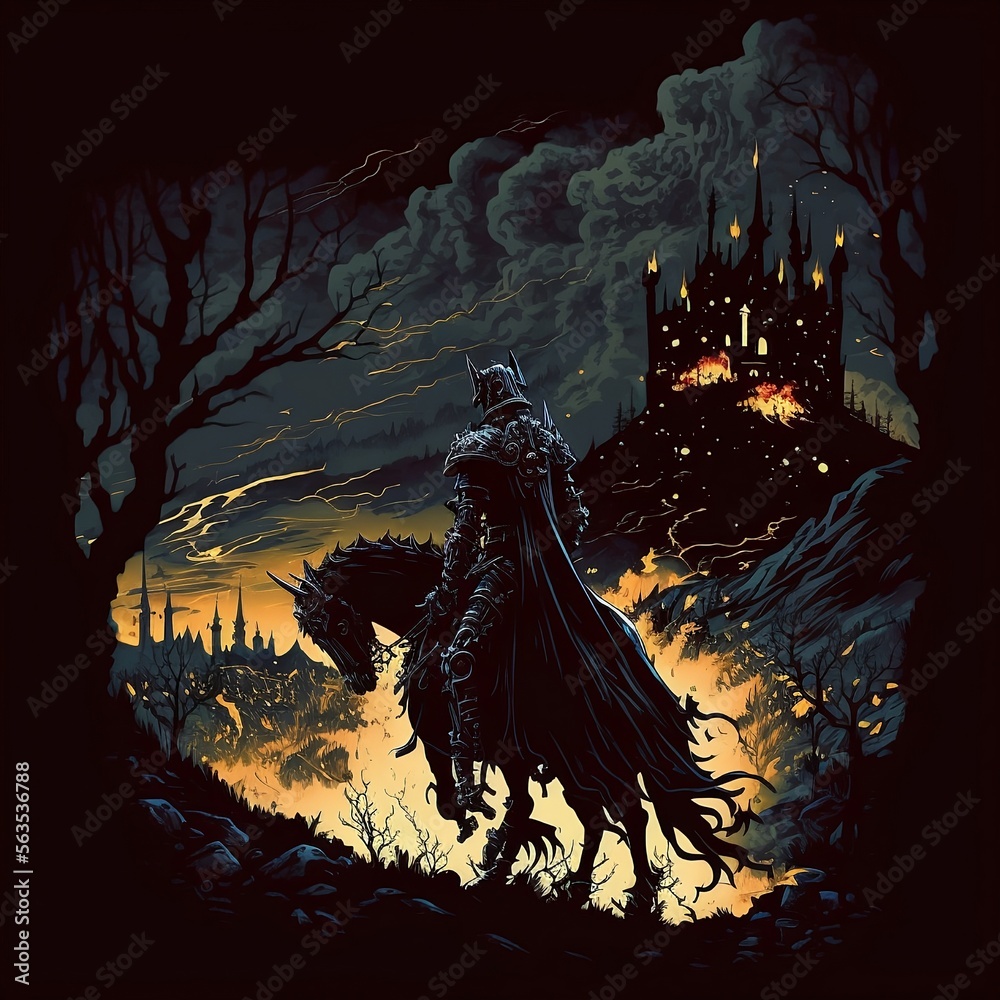 dark fully plated black knight upon a hill looking down at battle of two armies fighting in the fields below covered with dead bodies with generative AI