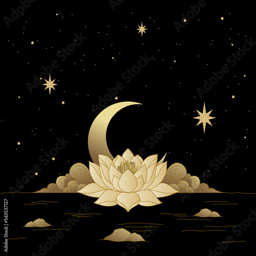 Crescent moon raising with lotus blooming flower