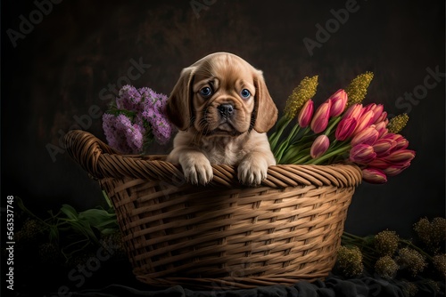 Puppy sitting in basket with flowers (Ai generated) © thesweetsheep