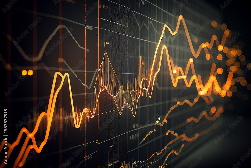 Financial graphs, glowing lines and diagram on digital screen. Trading market and economic concept. Financial crisis and inflation. Created with generative AI