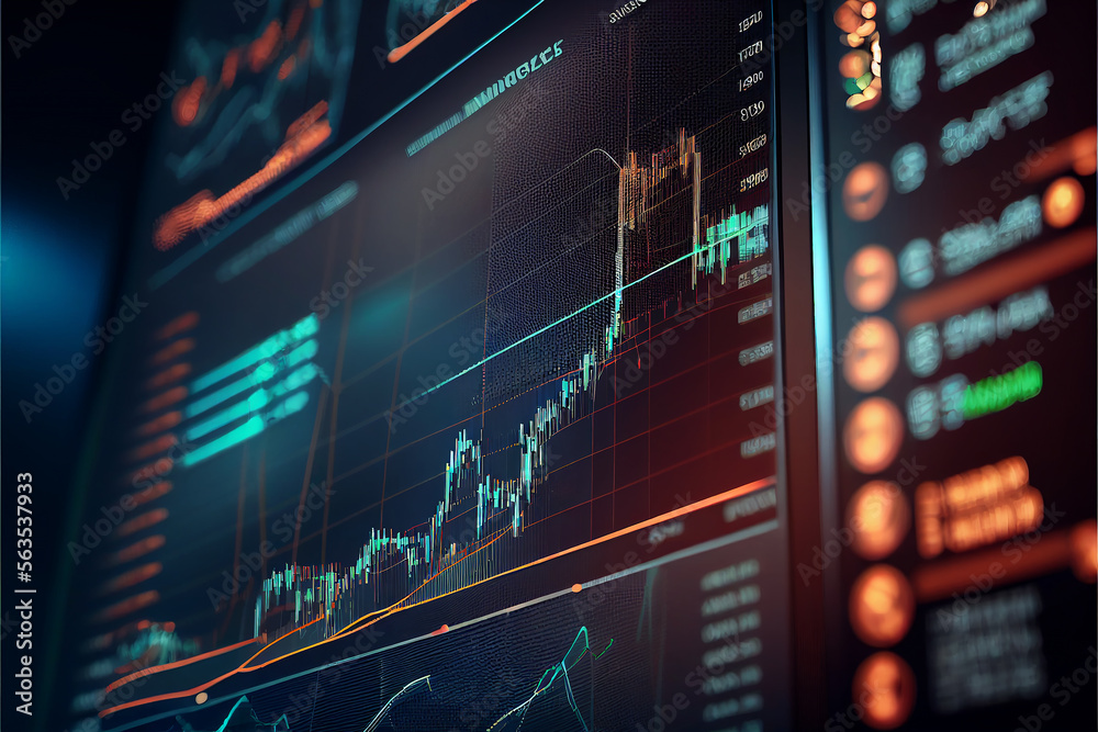 Financial graphs, glowing lines and diagram on digital screen. Trading market and economic concept. Financial crisis and inflation. Created with generative AI