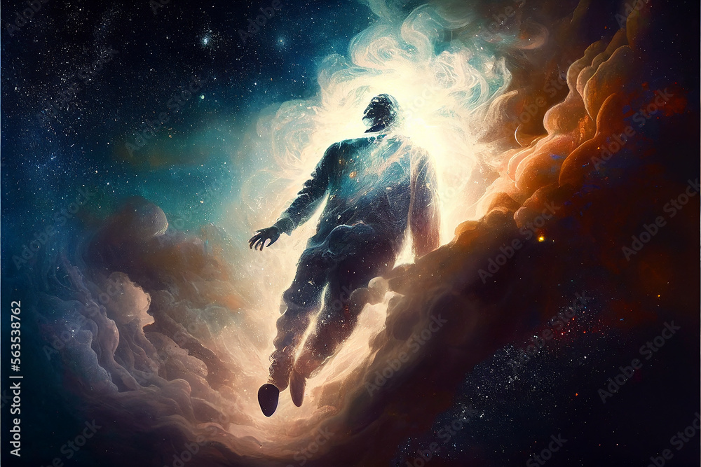 Human soul levitating in abstract space background. Astral body concept. Afterlife and connection with other worlds. Created with Generative AI