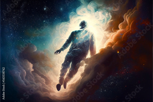 Human soul levitating in abstract space background. Astral body concept. Afterlife and connection with other worlds. Created with Generative AI