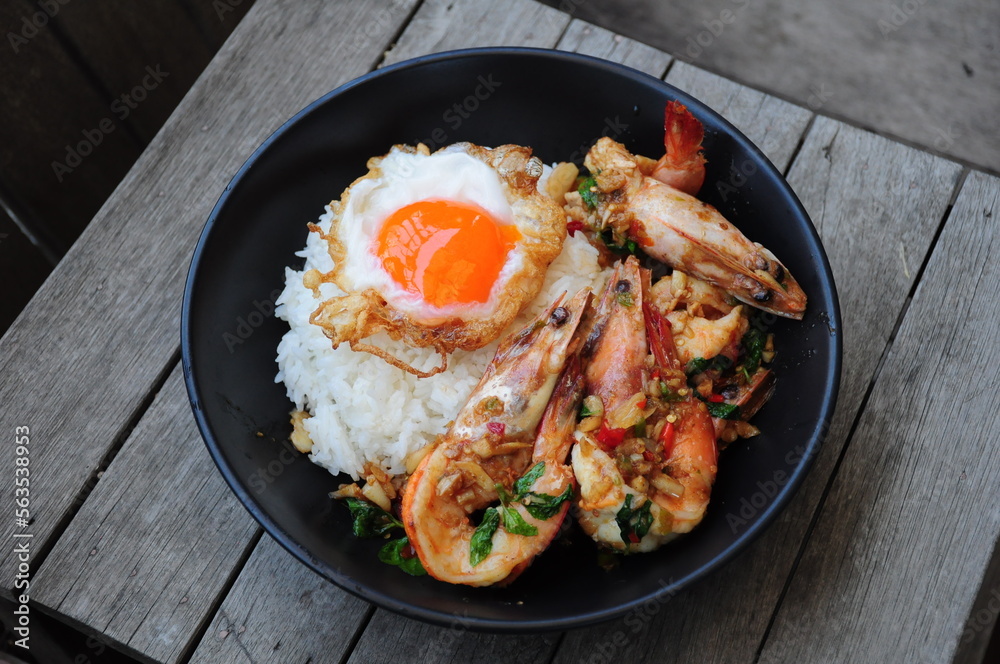 Stired Fry Shrimp with Thai Basil and Fried Egg with Rice Stired Fry Shrimp with Thai Basil and Fried Egg with Rice