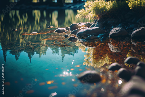 Autumn leaves in the water at the forest and reflection in water  fish in the lake Generative AI
