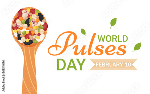 World Pulses Day banner. World legumes Day logo design February 10th. Spoon with mix of beans with text on white background vector illustration