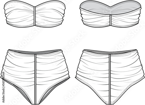 Strapless Ruched Bikini Set Front and Back View. Fashion Illustration, Vector, CAD, Technical Drawing, Flat Drawing, Template, Mockup.