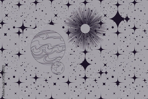 Seamless pattern dark retro universe with outlined planets and stars background © ArtWiz
