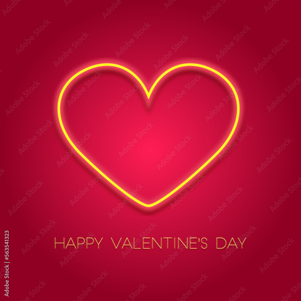 Happy Valentine`s Day Card with Yellow Neon Heart on red background Happy Valentine`s Day Card with Yellow Neon Heart on red background