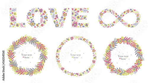 Floral love set with wreaths and lettering for hippie wedding. Word Love of flowers. Isolated