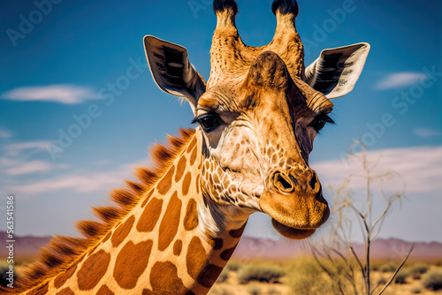 Close up of large common giraffe on the summer blue sky. Wild african animal.