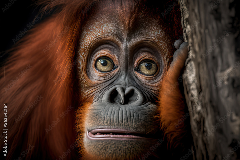 Sad orangutang. Monkey expresses emotions. Wildlife emotions. Post-processed digital AI art 