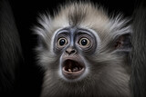 Scared little monkey with an open mouth. Monkey expresses emotions. Comedy Wildlife background. Post-processed digital AI art
