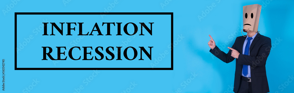 businessman with inflation and recession concept on blue background businessman with inflation and recession concept on blue background