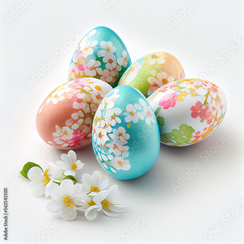 Colorful Easter eggs with cherry blossoms on white background. Design for Easter day.