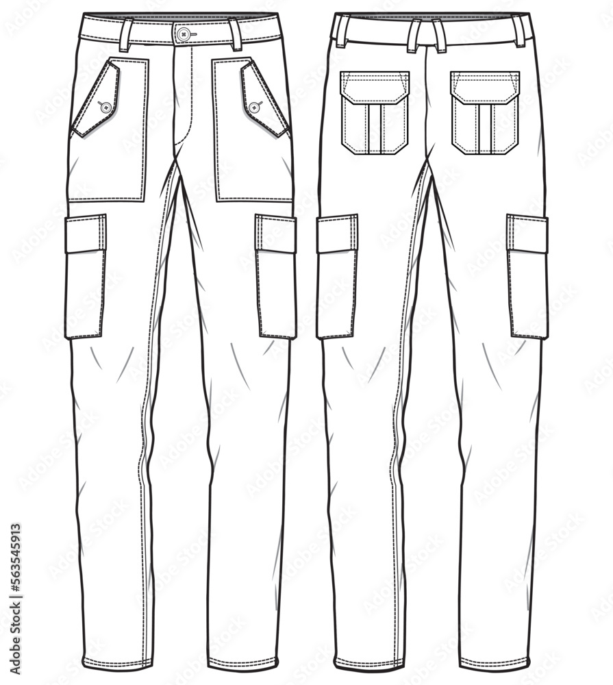 Men's Cargo pant design front and back view flat sketch fashion
