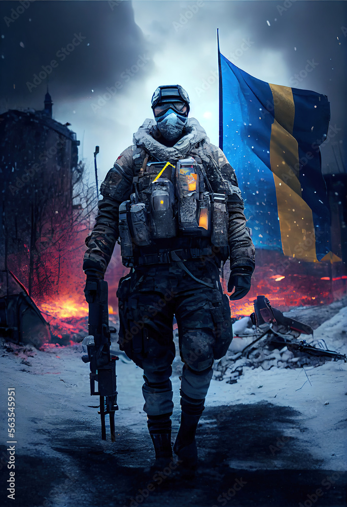 Fototapeta premium Generative AI Illustration of Soldiers in Ukraine war