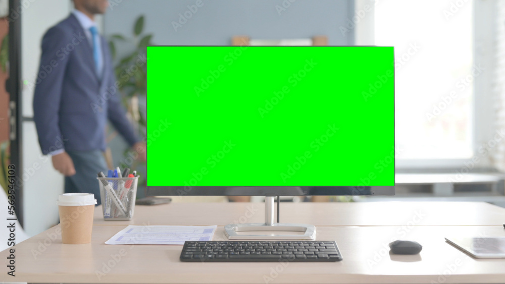 Computer with Green Screen in Office, Chroma Key Computer with Green Screen in Office, Chroma Key