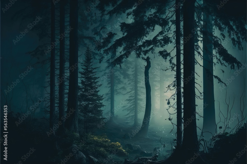 Enigmatic foggy forest at night. Generative AI