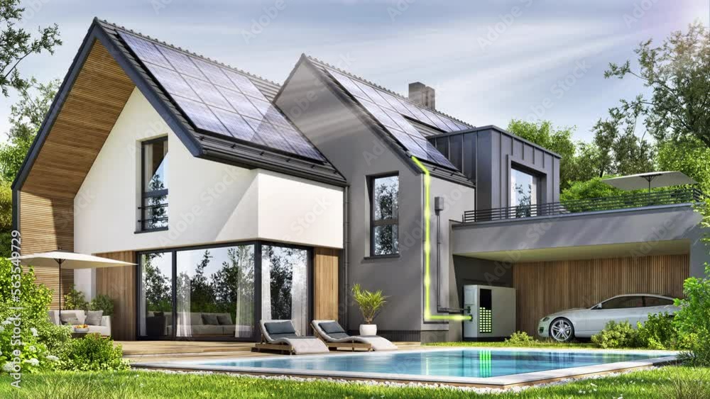 Modern house with solar panels and storage batteries