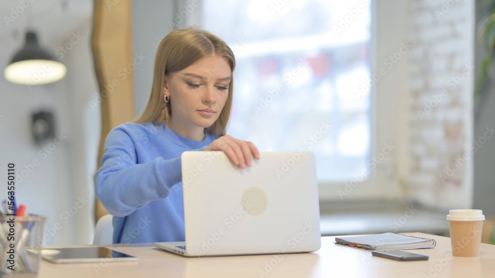 Woman Coming Back to Office and Opening Laptop Woman Coming Back to Office and Opening Laptop