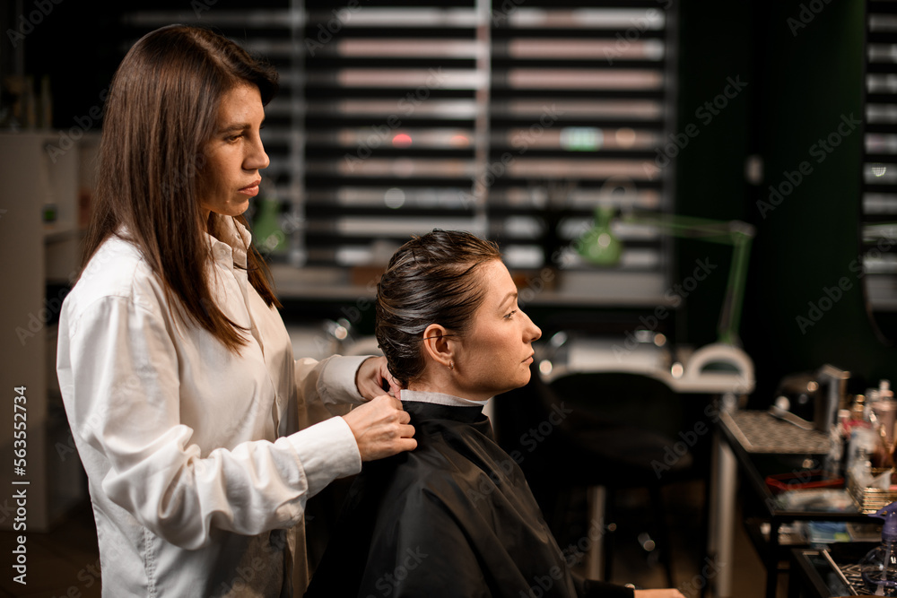 Side view of female hairdresser touching correcting hair of female client in hair salon