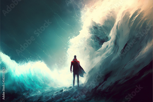 a man standing in the midst of a huge wave that is rushing toward him, Generative AI 