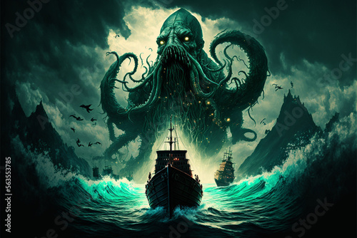 fantasy scene showing Cthulhu the giant sea monster destroying ships, Generative AI	 photo
