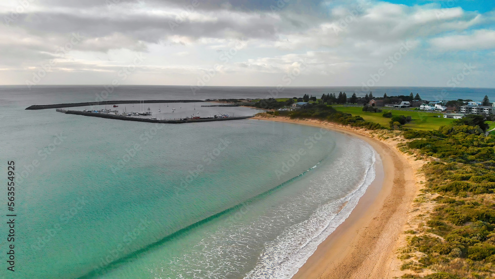 Apollo Bay from drone, coastline of the Great Ocean Road, Australia