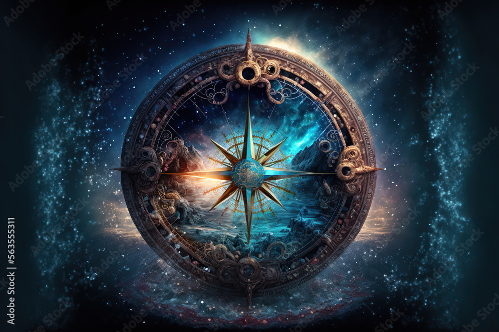 Fototapeta premium Colorful fantasy compass in the universe, Generative AI
