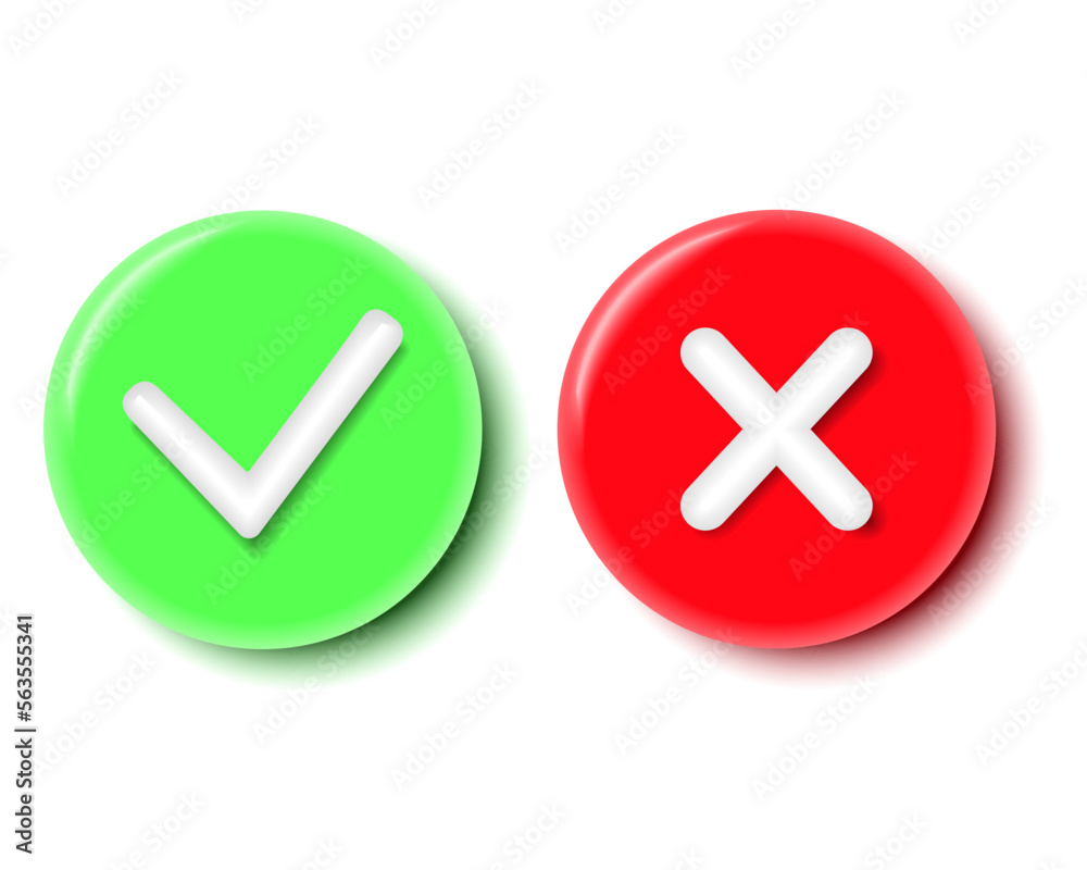 Green tick check mark and cross mark symbols isolated on a white background. 3d rendering Green tick check mark and cross mark symbols isolated on a white background. 3d rendering