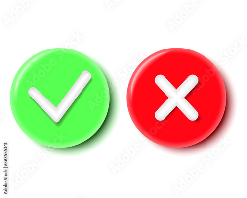 Green tick check mark and cross mark symbols isolated on a white background. 3d rendering