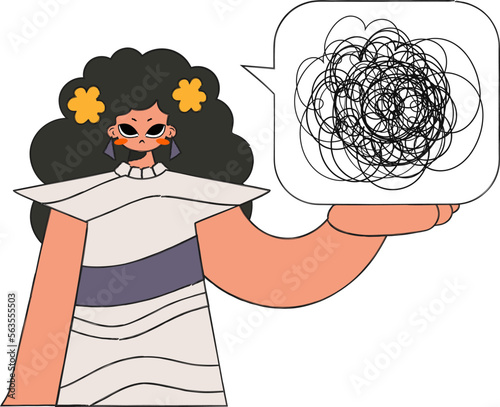 The woman demonstrates that his head is a mess. A person consumed by a sense of hopelessness and despair.