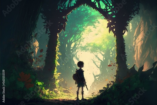 Boy standing in elf kingdom. illustration. anime. Digital painting art. digital painting style. generative AI