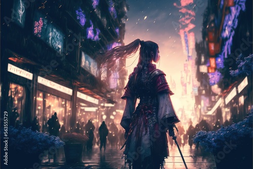 Women samurai with swords walk in the fantasy town and magical sky with a moon. illustration. anime. Digital painting art. digital painting style. generative AI