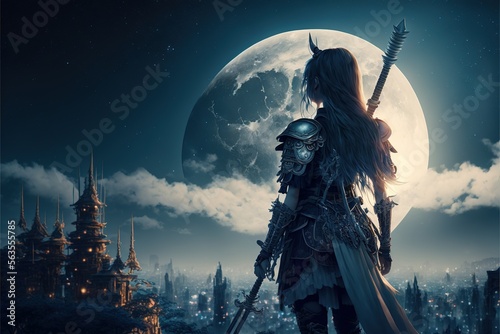 Women samurai with swords walk in the fantasy town and magical sky with a moon. illustration. anime. Digital painting art. digital painting style. generative AI photo